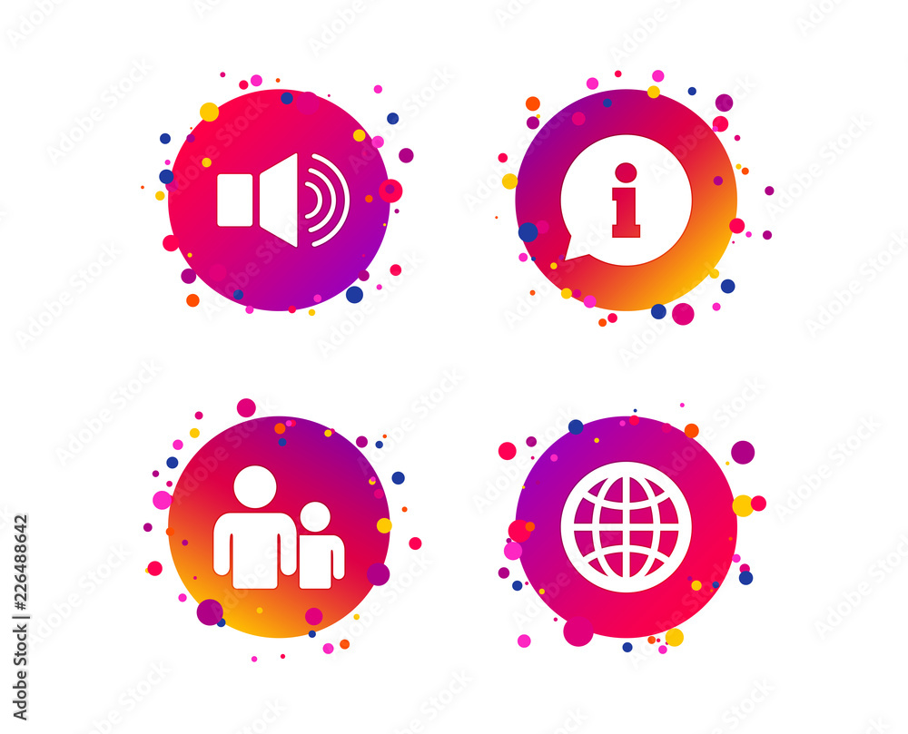 Information sign. Group of people and speaker volume symbols. Internet globe sign. Communication icons. Gradient circle buttons with information icons. Random dots design. Vector Information sign. Group of people and speaker volume symbols. Internet globe sign. Communication icons. Gradient circle buttons with information icons. Random dots design. Vector