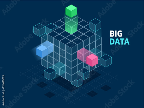 Isometric Abstract Big Data Cube, Box Data. Science and technology. Vector illustration.