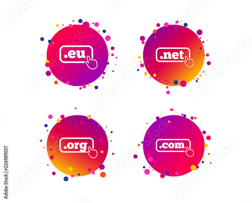 Top-level internet domain icons. Com, Eu, Net and Org symbols with hand pointer. Unique DNS names. Gradient circle buttons with icons. Random dots design. Vector