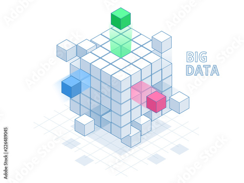 Isometric Abstract Big Data Cube, Box Data. Science and technology. Vector illustration.