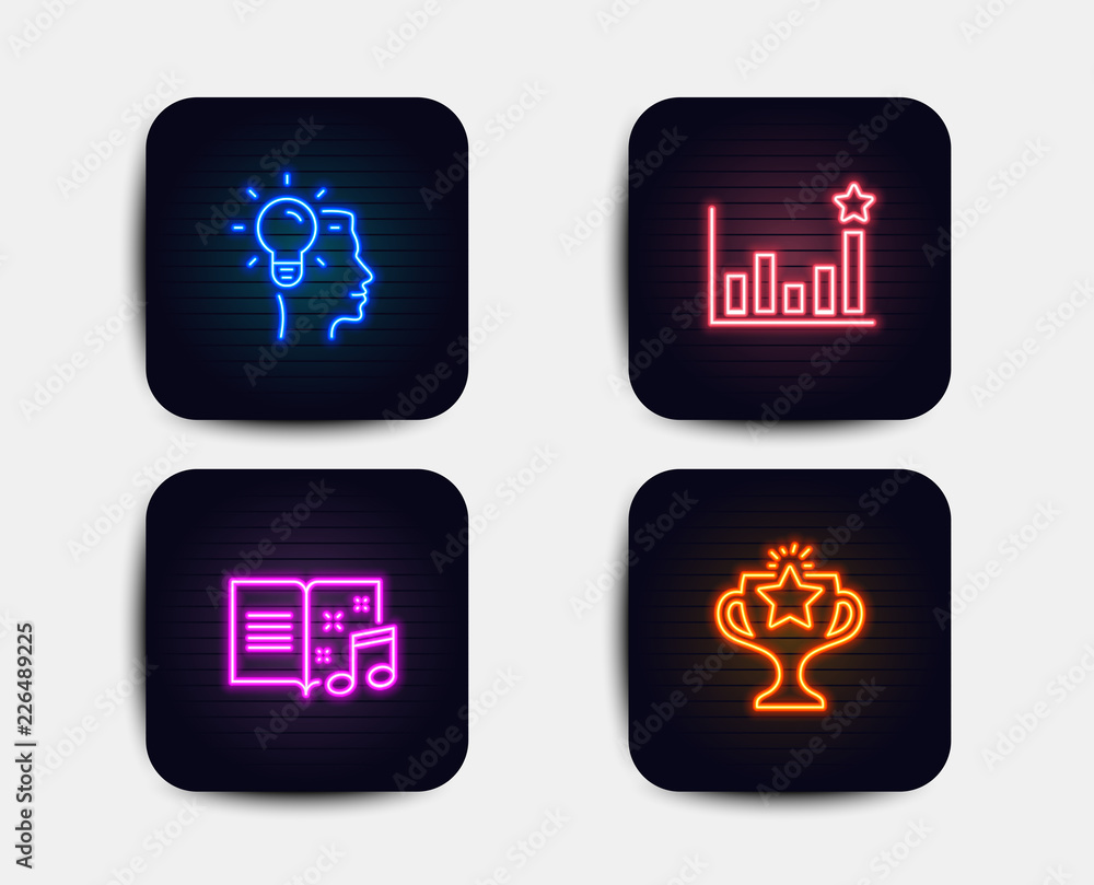 Neon glow lights. Set of Idea, Efficacy and Music book icons. Victory sign. Professional job, Business chart, Musical note. Championship prize.  Neon icons. Glowing light banners. Vector