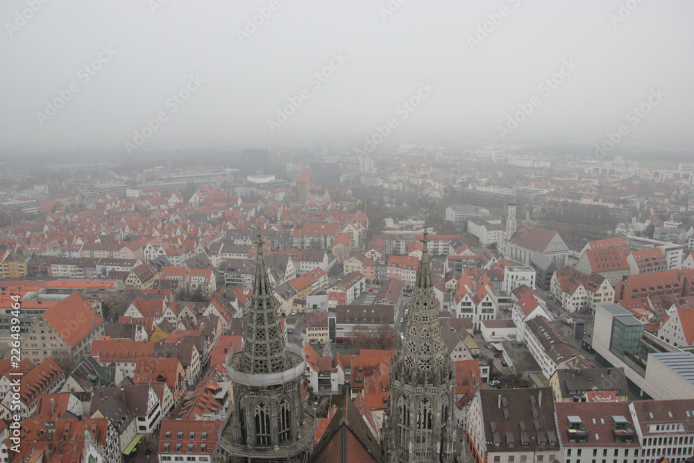 Cloudy Ulm city and Danube river view from the tallest Cathedral