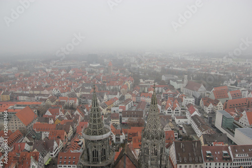 Cloudy Ulm city and Danube river view from the tallest Cathedral