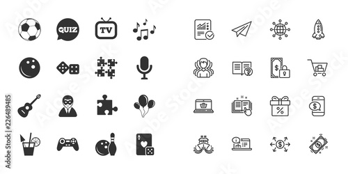 Set of Games, Entertainment and Services icons. Football, Bowling and Puzzle signs. Casino, Carnival and Music symbols. Paper plane, report and shopping cart icons. Group of people. Vector