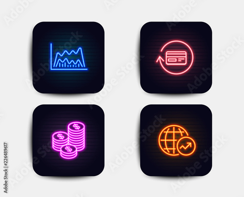 Neon glow lights. Set of Refund commission  Coins and Trade chart icons. World statistics sign. Cashback card  Cash money  Market data. Global report.  Neon icons. Glowing light banners. Vector