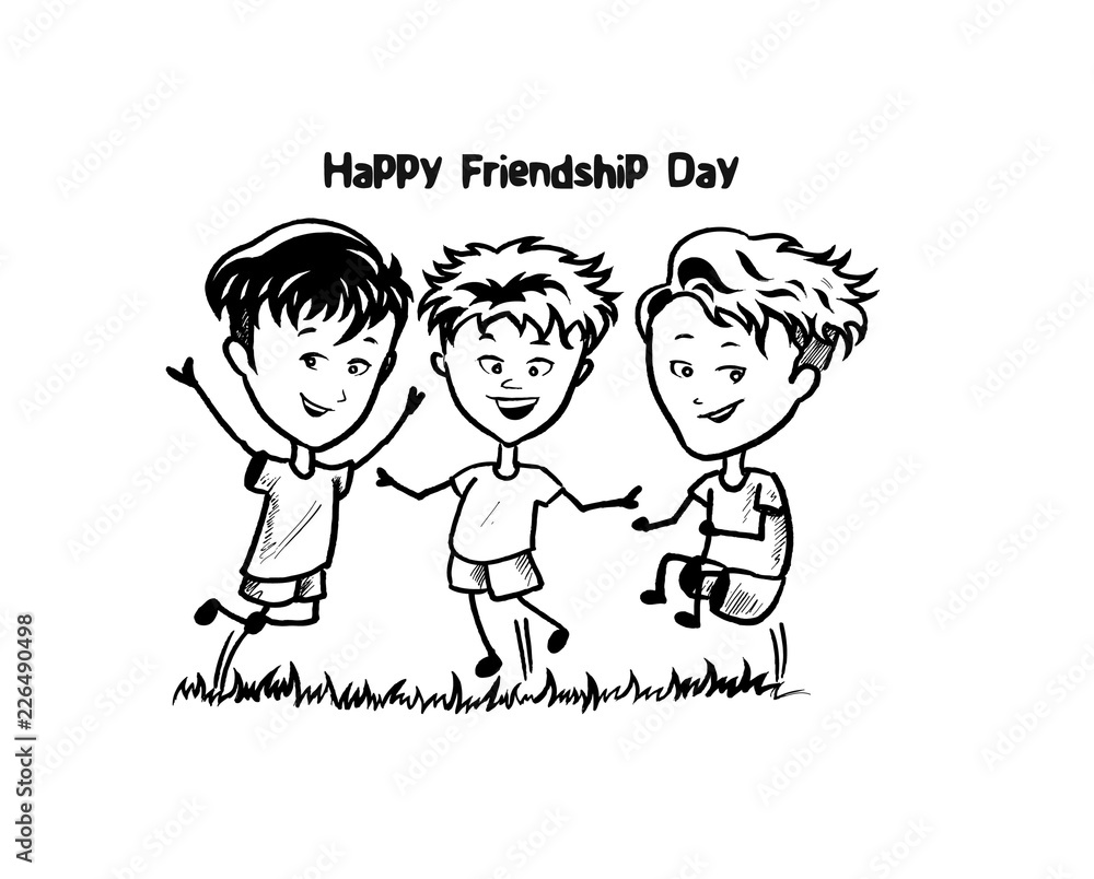 Group of happy friends enjoying Friendship Day. Cartoon Hand Drawn Sketch Vector Background.