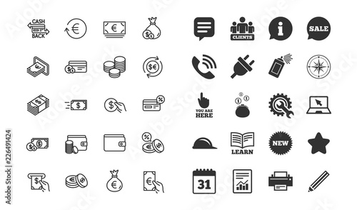 Money line icons. Set of Credit card, Cash and Coins signs. Banking, Currency exchange and Cashback service. Wallet, Euro and Dollar symbols. Information, calendar and call phone icons. Vector