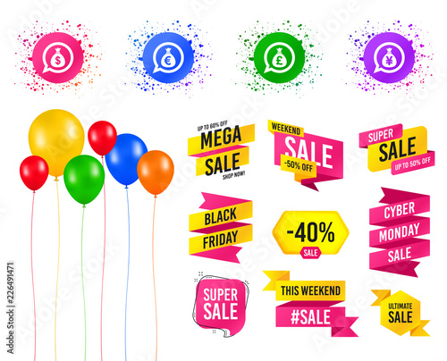 Balloons party. Sales banners. Money bag icons. Dollar, Euro, Pound and Yen speech bubbles symbols. USD, EUR, GBP and JPY currency signs. Birthday event. Trendy design. Vector