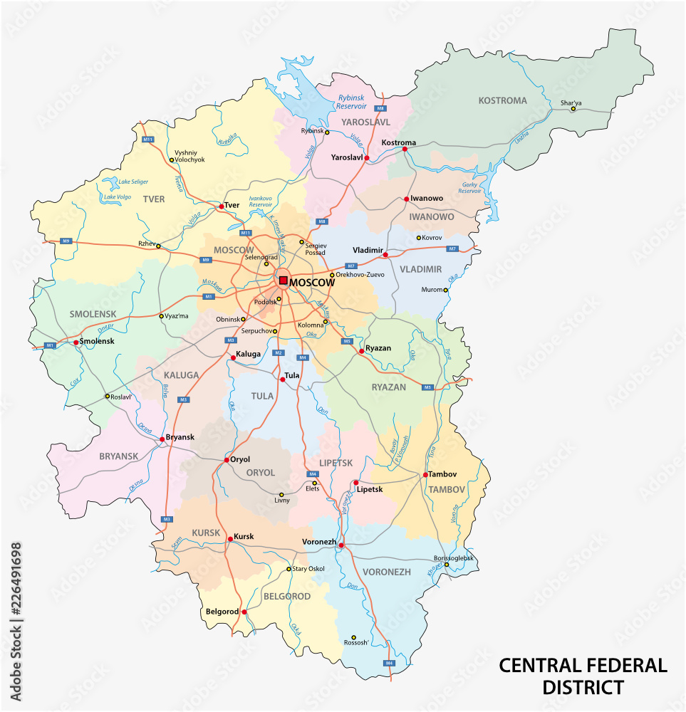 Central Federal District road, administrative and political vector map, Russia