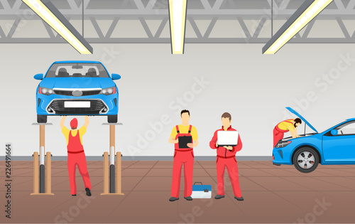 Auto Service in Spacious Garage Vector Banner