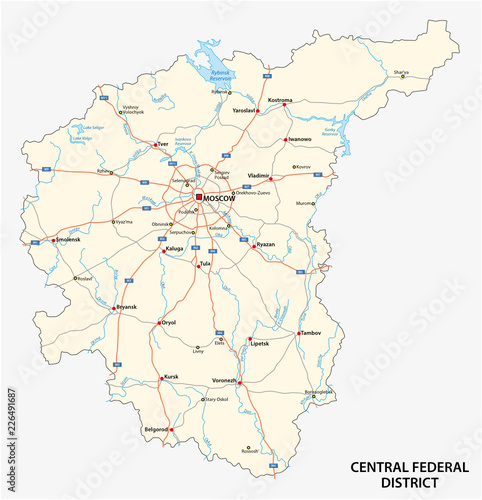 Central Federal District road vector map, Russia