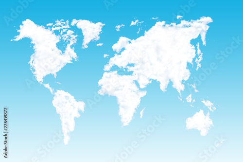 World map shaped clouds on gradient blue background