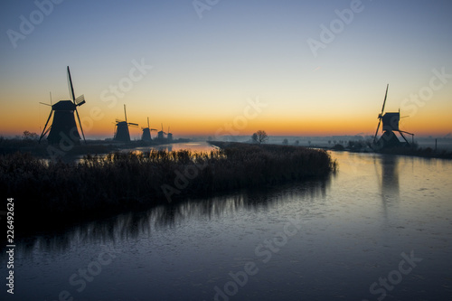 mills of kinderdijk in morning light