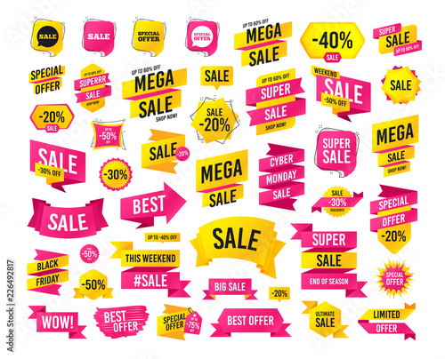 Sales banner. Super mega discounts. Sale icons. Special offer speech bubbles symbols. Shopping signs. Black friday. Cyber monday. Vector