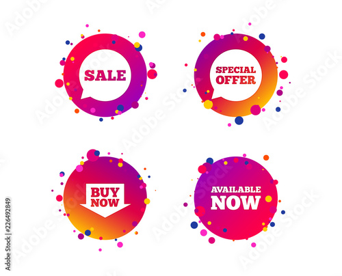 Sale icons. Special offer speech bubbles symbols. Buy now arrow shopping signs. Available now. Gradient circle buttons with icons. Random dots design. Vector