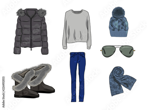 Vector stylish fashion set of woman's autumn, spring or winter clothes and accessories. Casual colorful outfit with jacket, jumper, cap, glases, scarf, jeans and boot.