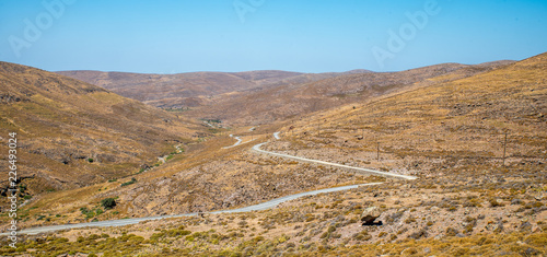 Road winding through the valley on Lesvos Island in Greece