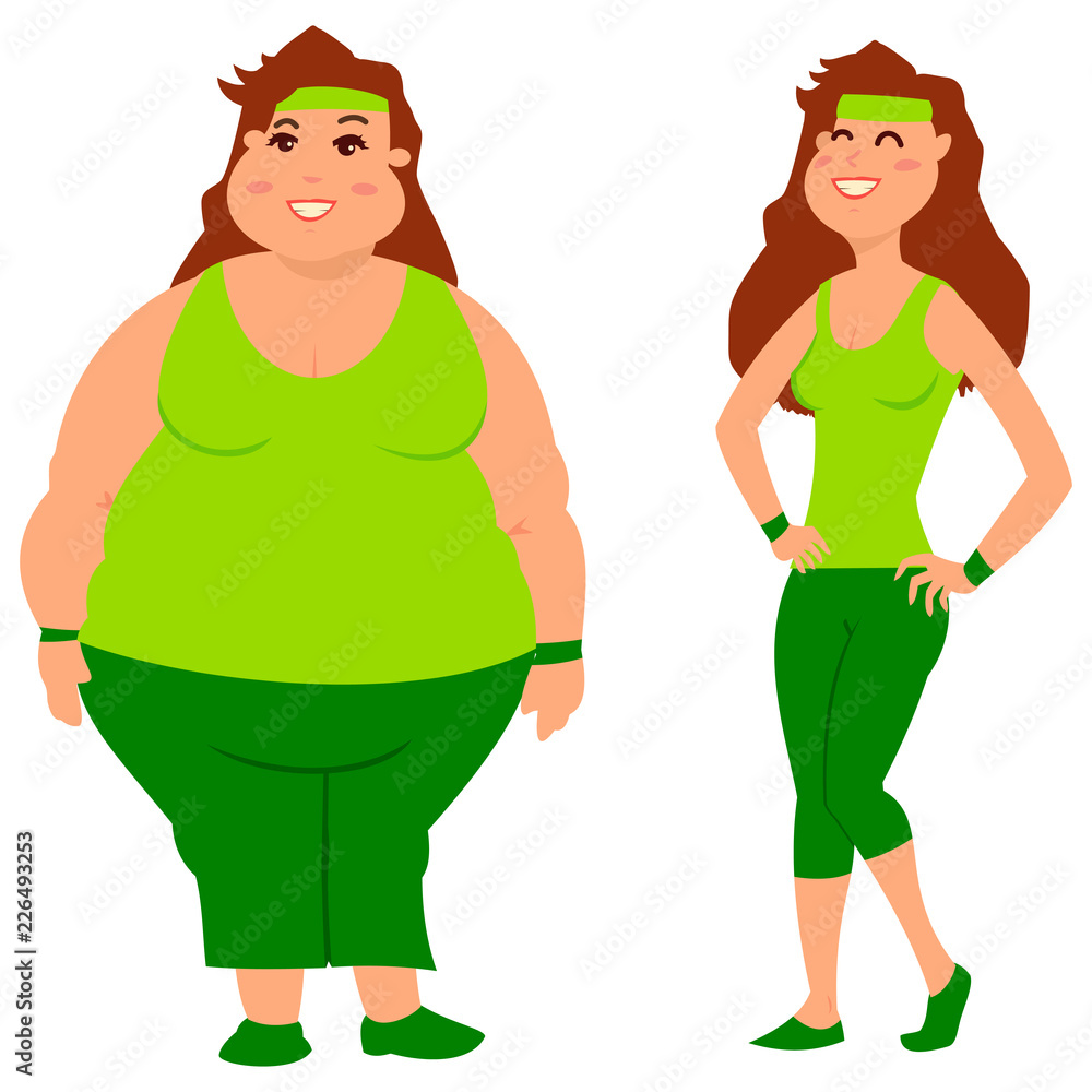 Fat and slim woman before and after weight loss. Diet, sport and fitness.  Cartoon vector illustration on a white background. Stock Vector | Adobe  Stock