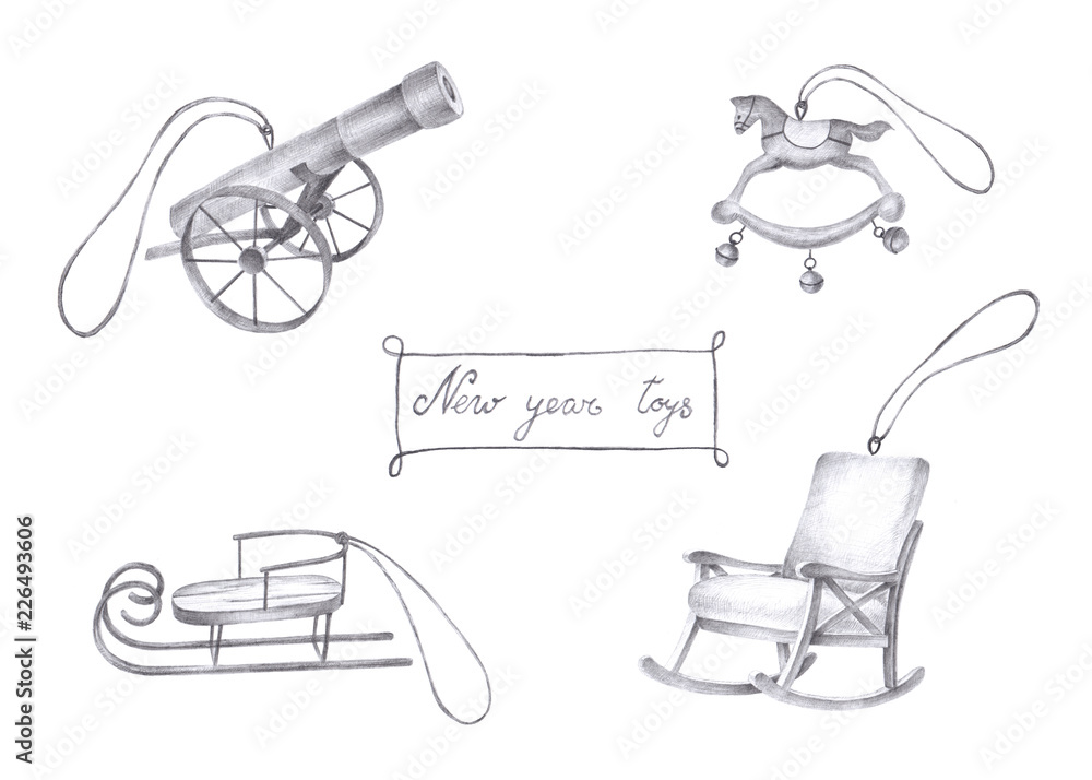 Pencil drawing illustration. New year and christmas toys.