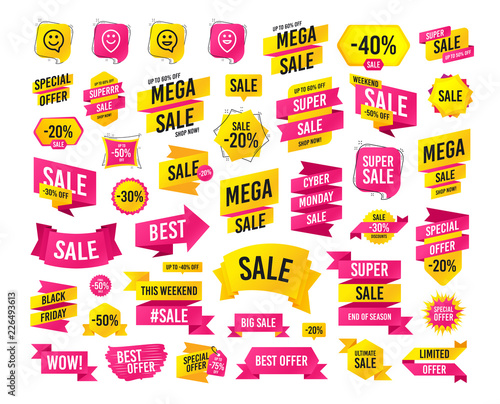 Sales banner. Super mega discounts. Happy face speech bubble icons. Smile sign. Map pointer symbols. Black friday. Cyber monday. Vector