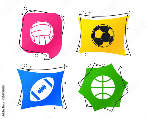 Sport balls icons. Volleyball, Basketball, Soccer and American football signs. Team sport games. Geometric colorful tags. Banners with flat icons. Trendy design. Vector photo