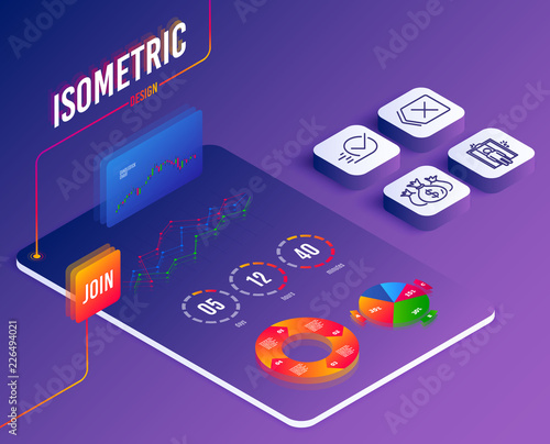 Isometric vector. Set of Elevator, Checkbox and Remove icons. Check investment sign. Lift, Approved, Delete button. Business report.  Software or Financial markets. Analysis data concept. Vector