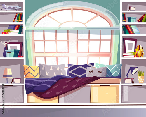 Bay bow window seat at home library vector illustration. French Provence style interior and furniture design of bookshelf with comfortable couch with blankets, pillows and lamp