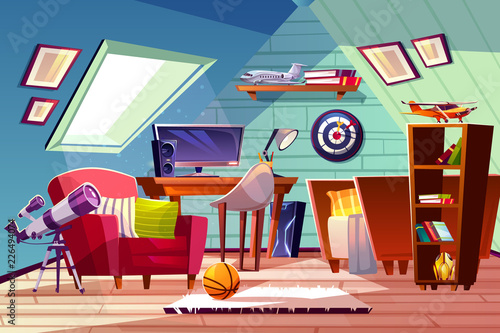 Teen boy kid attic room interior vector illustration. Comfortable bedroom furniture, bookshelf or computer table and armchair with darts board and ball on carpet, telescope at window