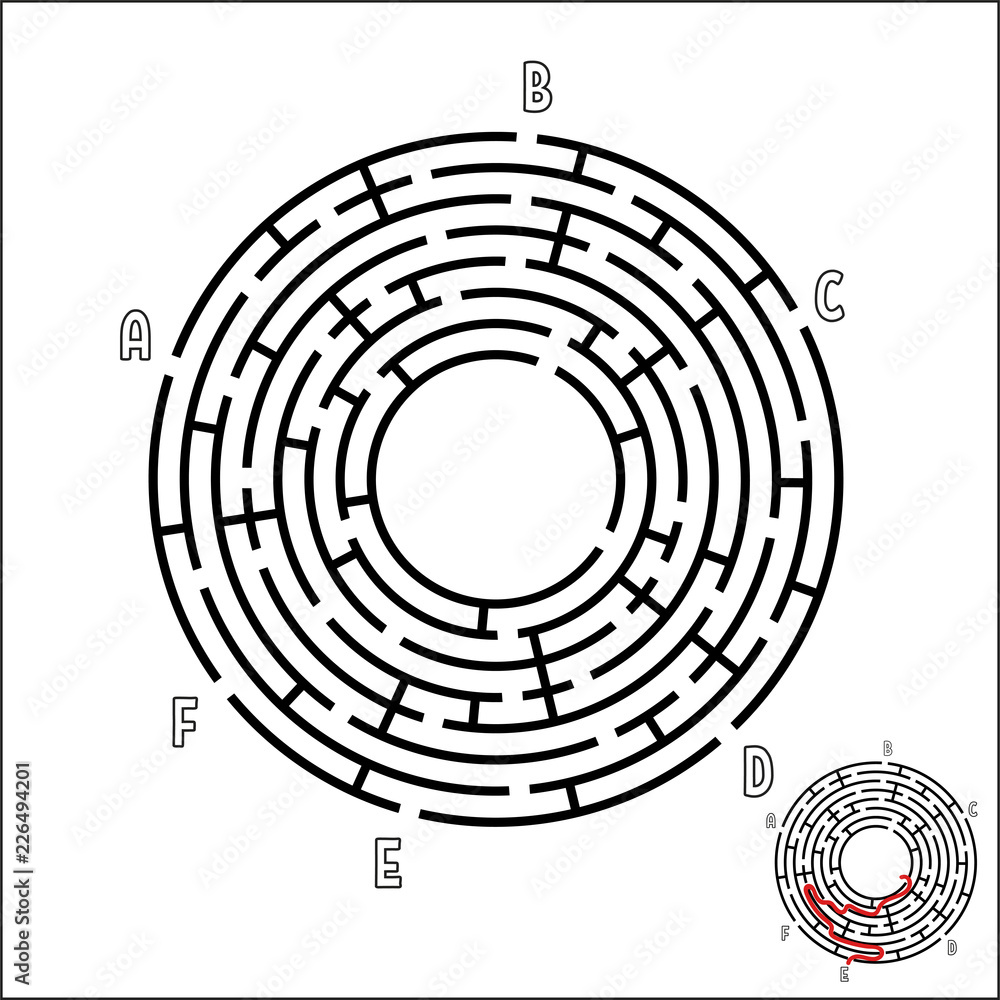 Abstract round maze. Game for kids. Children's puzzle. Six entrances, one exit. Labyrinth conundrum. Simple flat vector illustration isolated on white background. With the answer. Abstract round maze. Game for kids. Children's puzzle. Six entrances, one exit. Labyrinth conundrum. Simple flat vector illustration isolated on white background. With the answer.