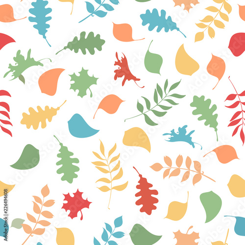 Vector seamless pattern of autumn leaves on white background.