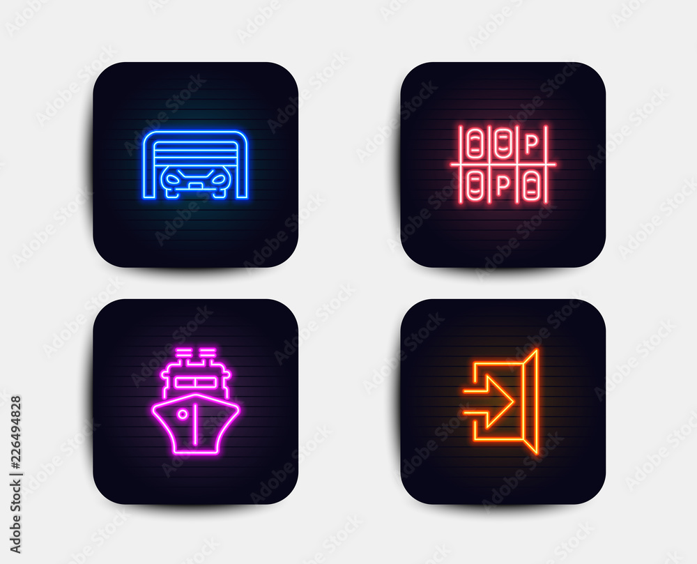 Neon glow lights. Set of Parking place, Parking garage and Ship icons. Exit sign. Transport, Automatic door, Shipping watercraft. Escape. Neon icons. Glowing light banners. Vector Neon glow lights. Set of Parking place, Parking garage and Ship icons. Exit sign. Transport, Automatic door, Shipping watercraft. Escape. Neon icons. Glowing light banners. Vector