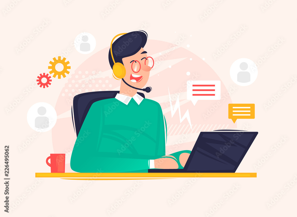 Online support, 24 hours, man answers questions. Flat design vector illustration Online support, 24 hours, man answers questions. Flat design vector illustration