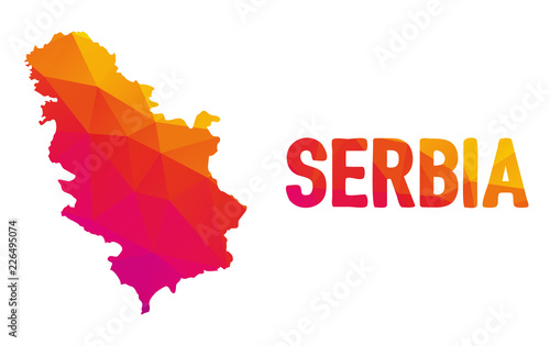 Low polygonal map of the Republic of Serbia (Republika Srbija) also Serbia (Srbija) with sign Serbia, both in warm colors;  country at Southeast Europe in the Pannonian Plain and the central Balkans