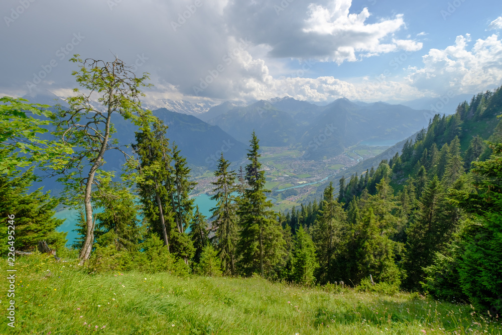 Switzerland summer mountain landscape, top view to Interlaken city