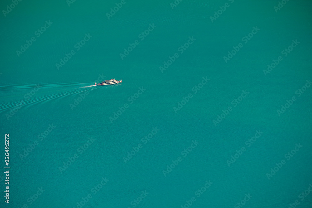 Aerial view of a ship in Brienz lake, Switzerland