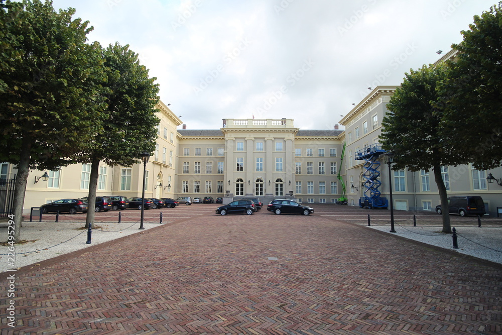 Backside of palace paleis Noordeinde in Den Haag (The Hague) in the Netherlands with cars of the members of the parliament of the Netherlands.