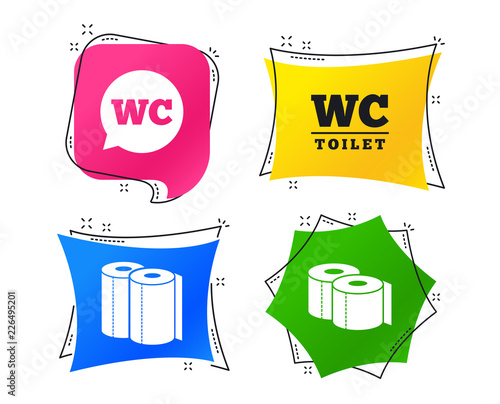 Toilet paper icons. Gents and ladies room signs. Paper towel or kitchen roll. Speech bubble symbol. Geometric colorful tags. Banners with flat icons. Trendy design. Vector