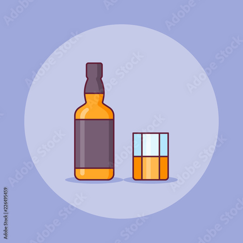 Bottle and glass of whiskey flat line icon. Vector illustration.