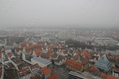 Cloudy Ulm city and Danube river view from the tallest Cathedral