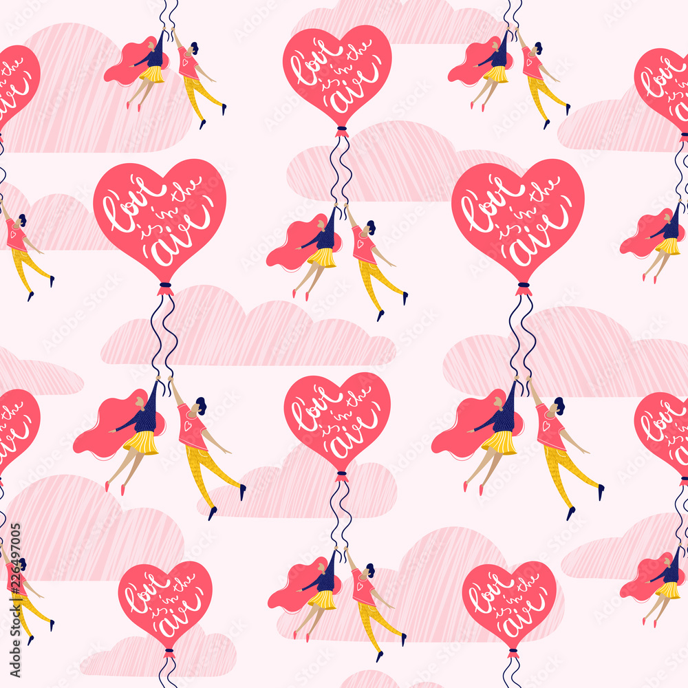 Vector seamless pattern for Valentine's Day with flat characters and lettering.