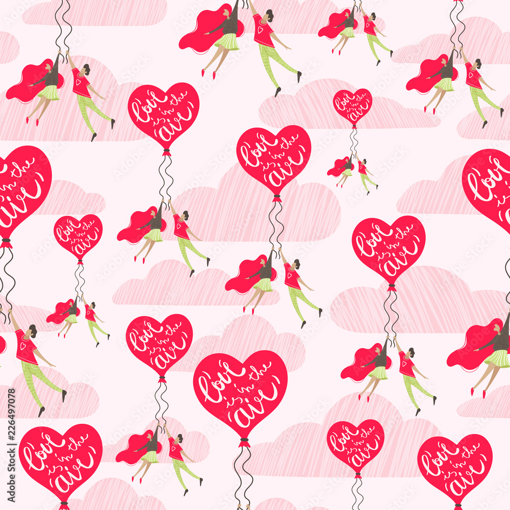 Vector seamless pattern for Valentine's Day with flat characters and lettering.