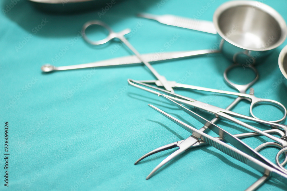 surgical instruments and tools including on a table for a surgery