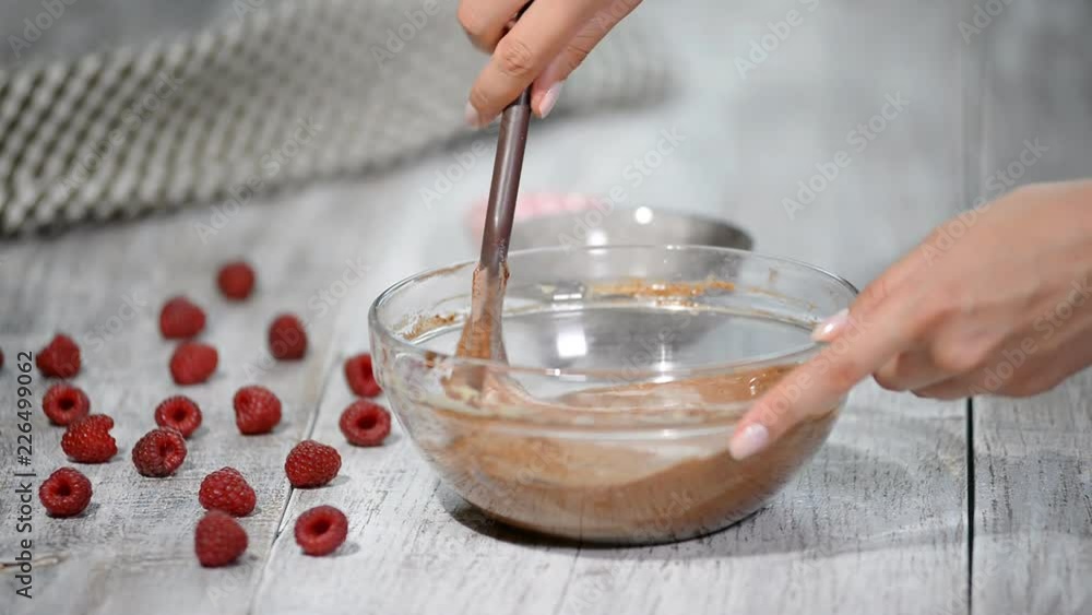 Preparing dough for chocolate pie on table close up Preparing dough for chocolate pie on table close up