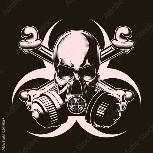 Human skull in gas mask with crossed bones and biohazard sign. Vector illustration. Print vector design. Premium quality superior skull concept. Shabby t-shirt and hoodie emblem