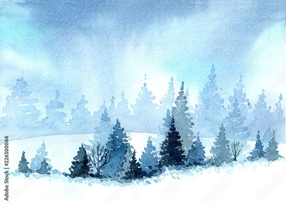 Watercolor Hand Drawn Ilration With, Painting Watercolor Winter Landscape Cards
