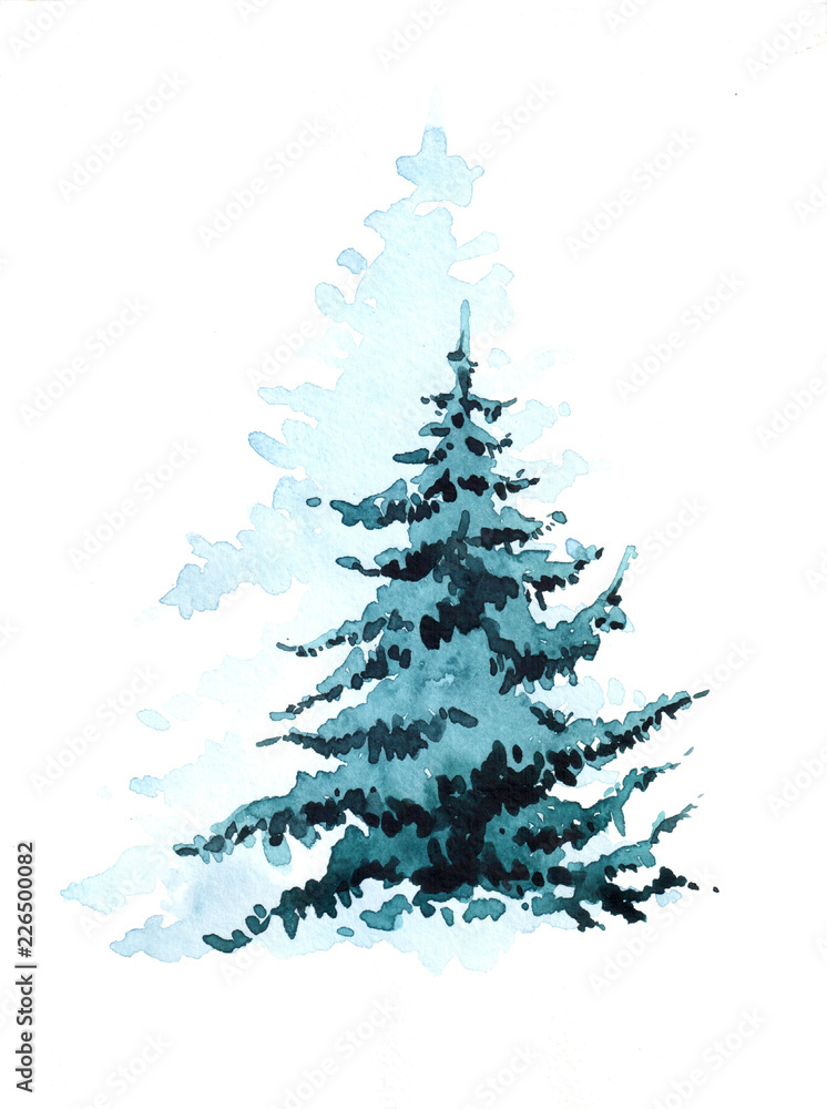 Fototapeta premium Watercolor hand drawn illustration with Winter Forest. Winter Landscape with Christmas trees. Christmas card