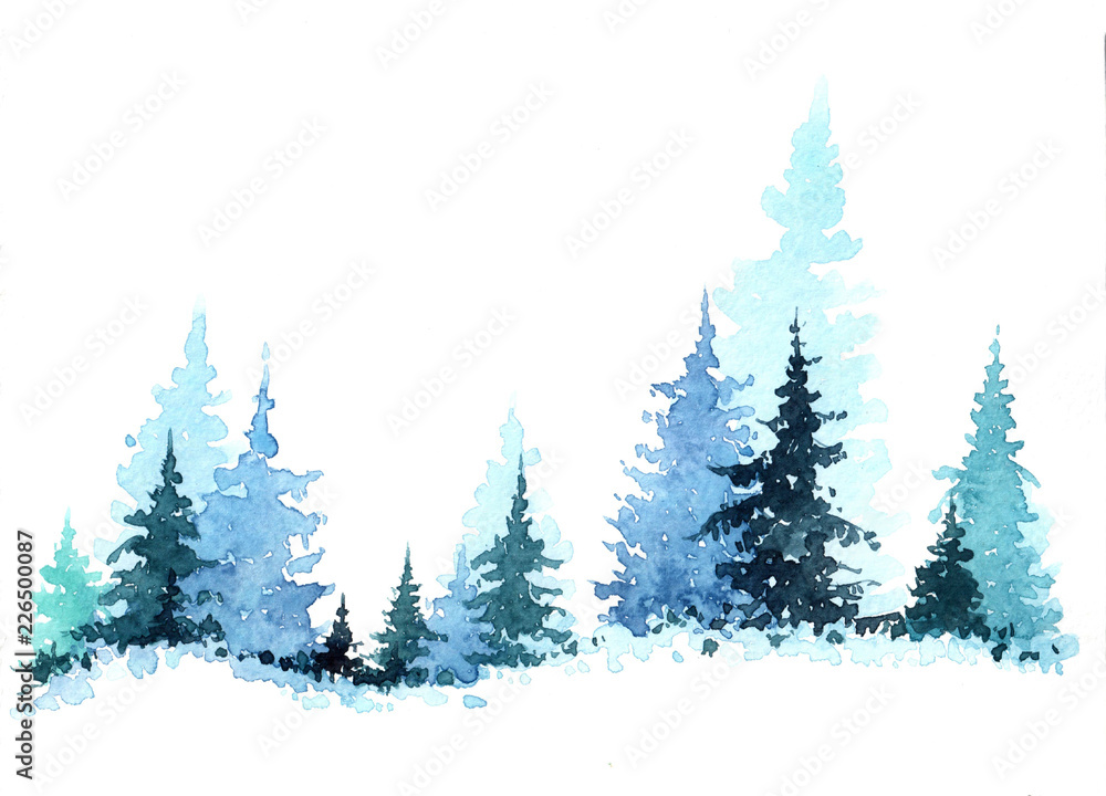 Watercolor hand drawn illustration with Winter Forest. Winter Landscape with Christmas trees. Christmas card