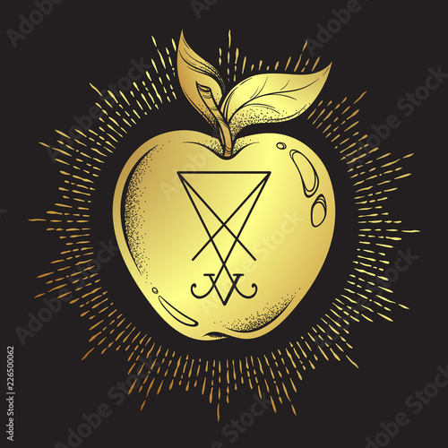 Forbidden fruit apple from the tree of knowledge with he sigil of Lucifer isolated hand drawn line art and dot work vector illustration. Sticker, print or blackwork flash tattoo design.