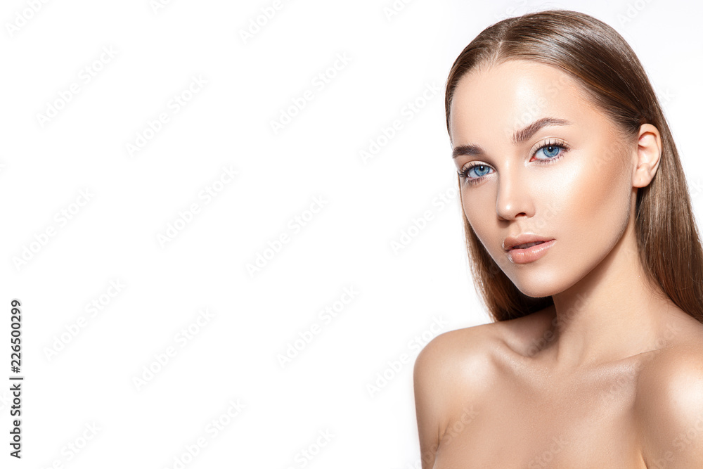Fototapeta premium Beautiful woman portrait with fresh clear skin and nude make up.