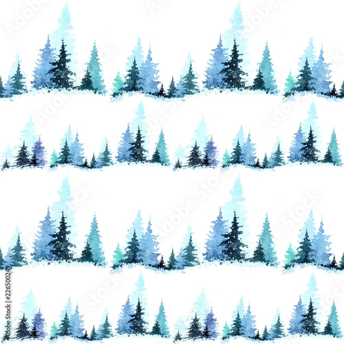 Watercolor seamless pattern with Winter Forest. Winter Landscape with Christmas trees. Christmas card